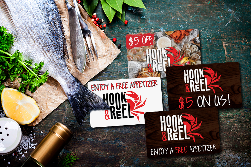Hook & Reel Cajun Seafood & Bar Promotional Cards